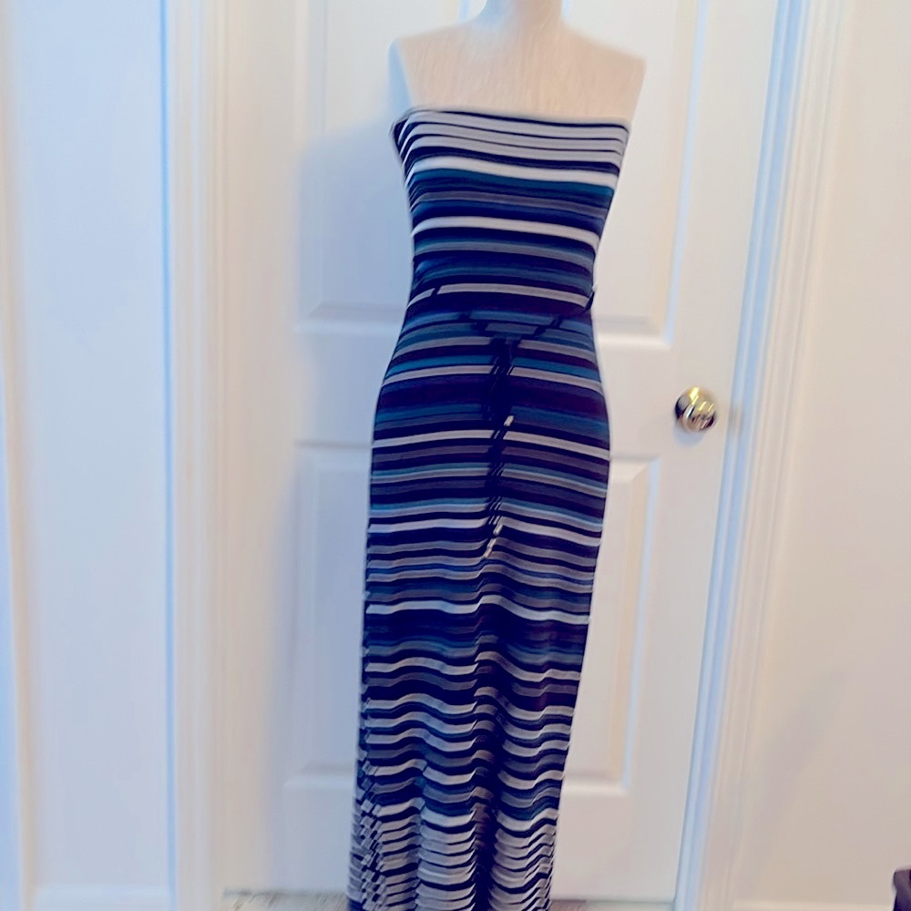WHBM Striped Maxi Skirt or Dress.Black Blue tie cord with gold tone beads derail